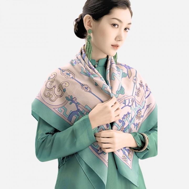 Silk scarf -Auspicious Horse Frolicking Among Plum Blossoms - Jade Teal border - 90x90 cm